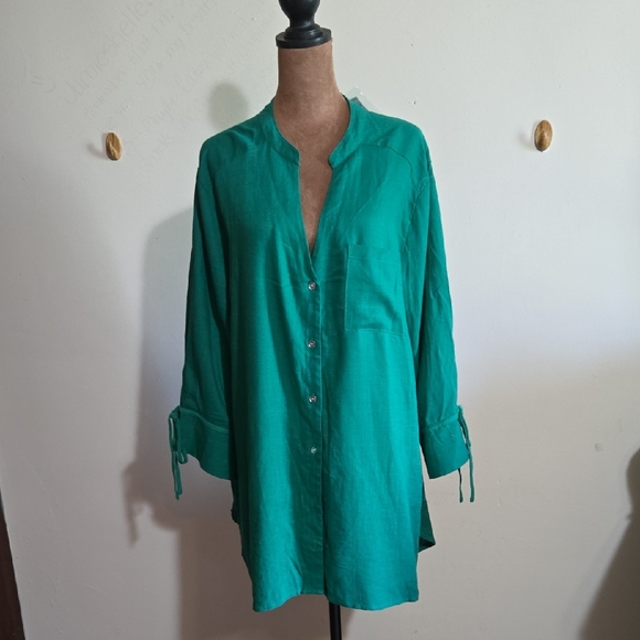 Ashley Stewart Tops - NWT Ashley Stewart Green Button Front V-Neck Shirt Size 16 Tie Wide Cuff Hi-Low